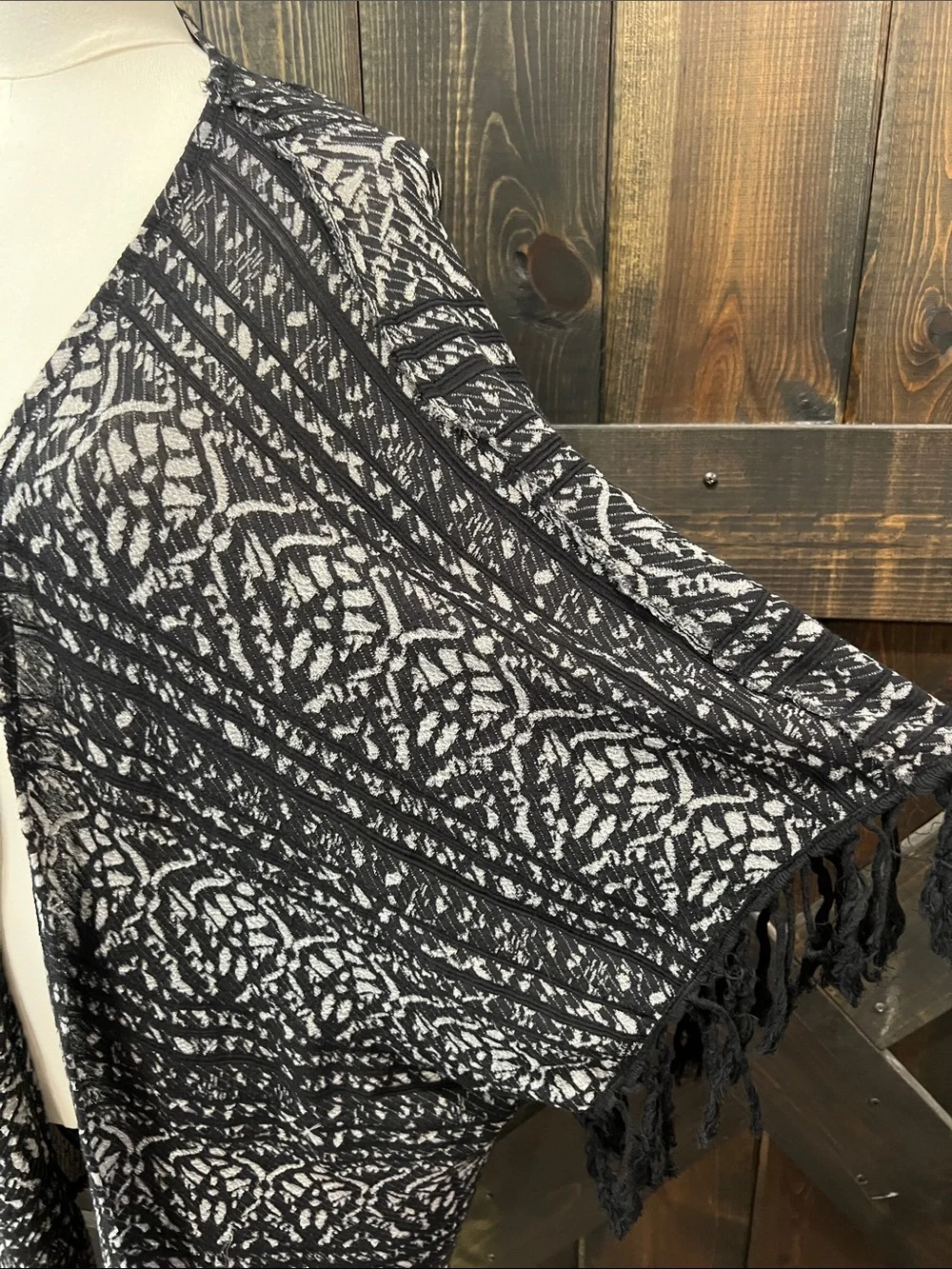 Free People Oversized Fringe Kimono Open Cardigan XS S Geo Printed Boho Layering